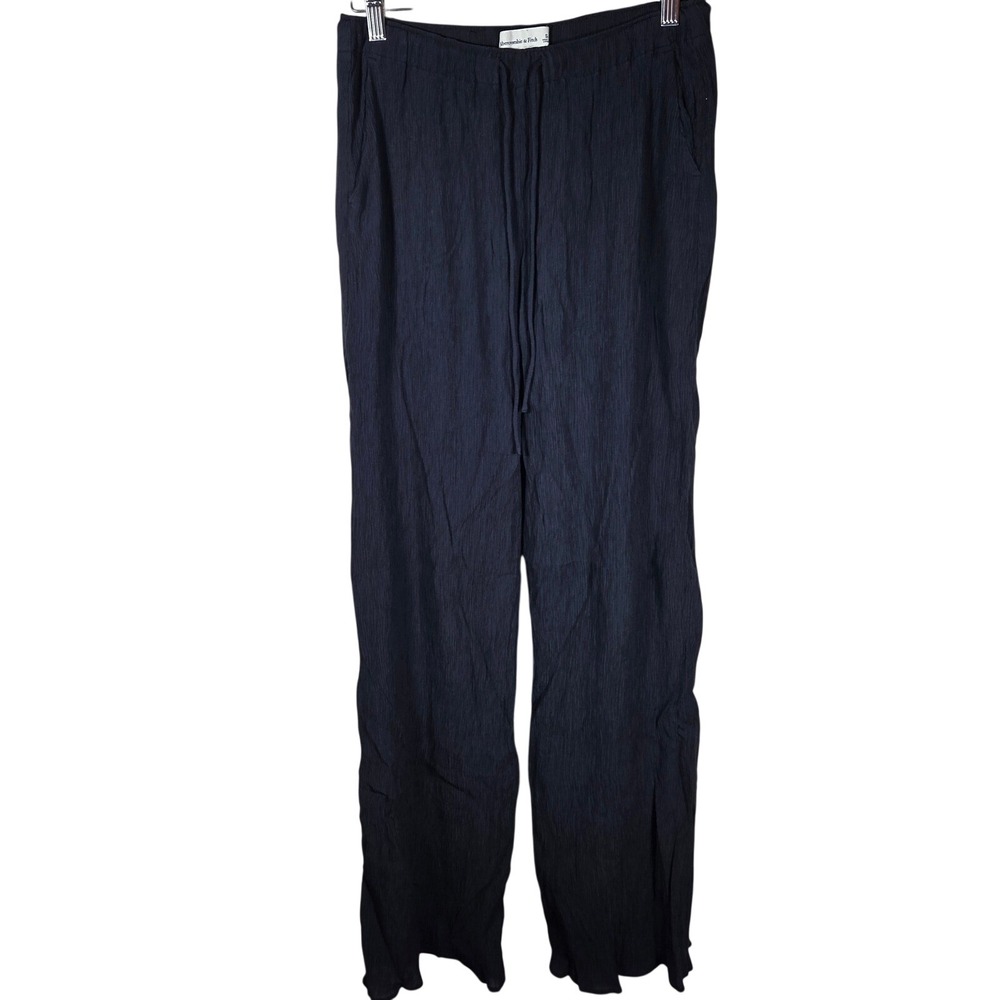 Abercrombie & Fitch Wide Leg Pants Womens SL Navy Blue Crinkle Drawstring Beachy